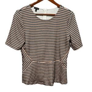 Talbots Women L Striped Peplum Top Black Orange‎ Short Sleeve Zip Back Preppy